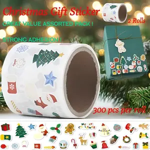2Roll/600 Sheets Christmas Rolls Notebook Laptop Diary Envelope Water Cup Seal Sticker Decorative Wall Art Christmas Gift