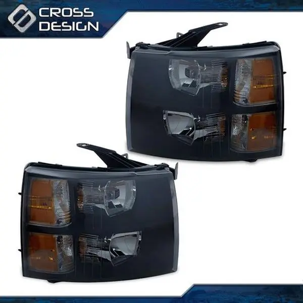 CROSSDESIGN Vehicle-Specific Replacement Headlight for 07-14 Chevy Silverado - Black Housing, Amber Corner, Bolt-On Fit, Plug-N-Play, Easy Install, Car Lighting Upgrade, Car Exterior Accessory