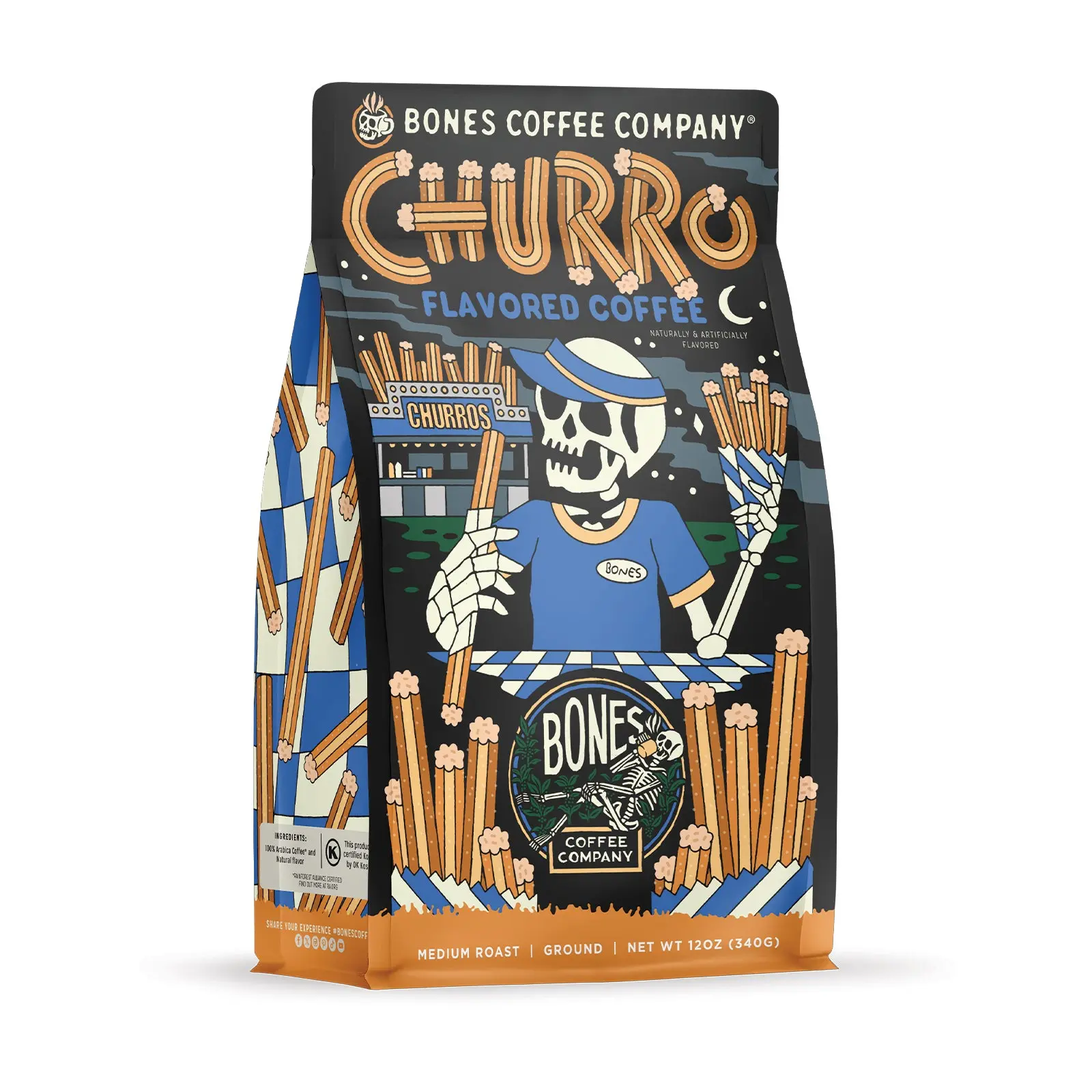 Bones Coffee Company | Churro Cinnamon Sugar Flavored Coffee 12oz Medium Roast Arabica Bean