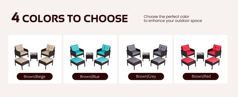 Aecojoy Outdoor 5 Pieces Patio Furniture Set, PE Rattan Wicker Chairs with Ottoman and Table, Bistro Set for Front Porch, Garden, Backyard, Balcony