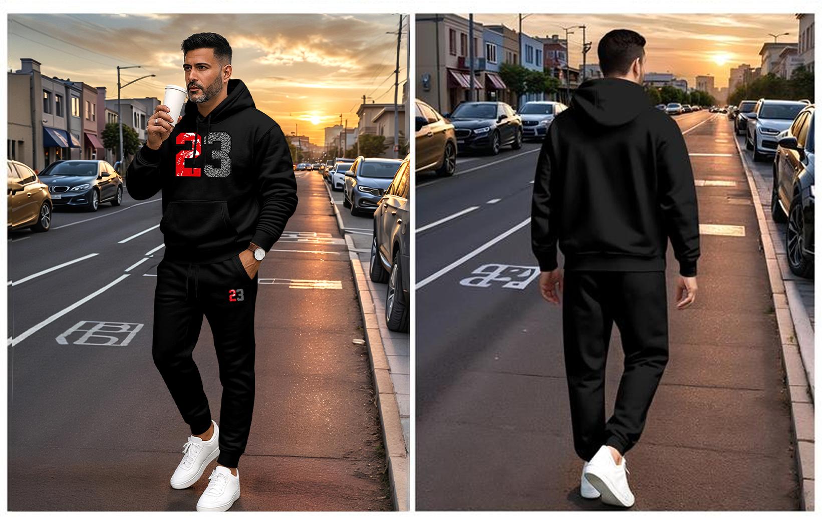 Men's Retro Basketball 23 Patterned Hoodie And Drawstring Track Pants Set, Men's Casual Athletic Long-Sleeved Hooded Jacket And Pants, Suitable For Fall And Winter, Street Style Hoodie Set, Everyday Wear, Indoor And Outdoor Sportswear