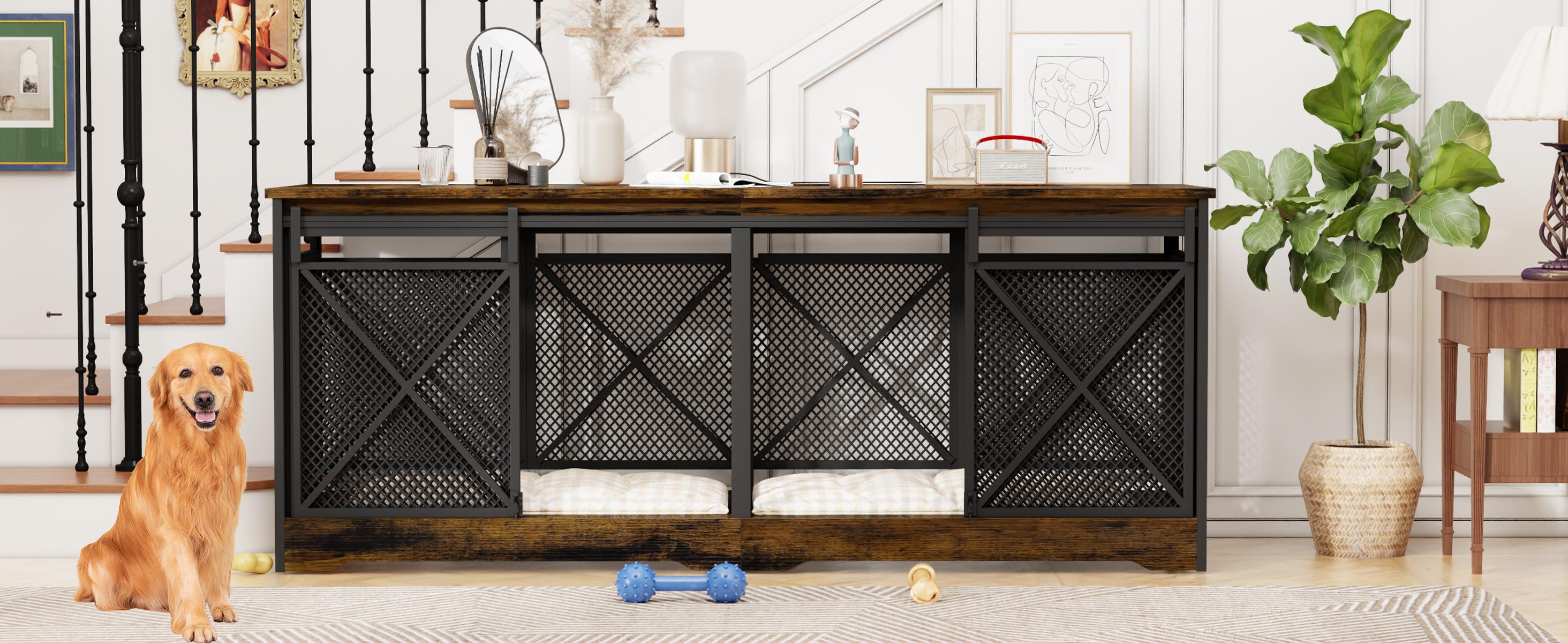 【SpringGlowUp】COZPAW 78" Dog Crate Furniture for 2 Dogs,Extra Large Breed Double Chew-Resistant Indoor Pet House,Heavy Duty Wooden XXL Large Kennel, Furniture Style XL Dog Cage, Max 300lbs Capacity (Brown)