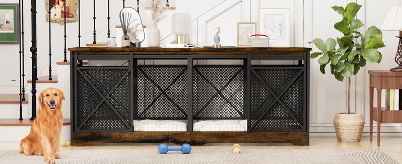 COZPAW 78" Dog Crate Furniture for 2 Dogs,Extra Large Breed Double Chew-Resistant Indoor Pet House,Heavy Duty Wooden XXL Large Kennel, Furniture Style XL Dog Cage, Max 300lbs Capacity (Brown)