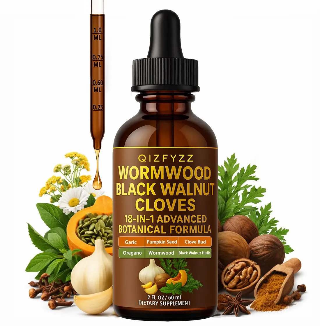 Qizfyzz 18-in-1 Botanical Dietary Supplement Drops - 6600 mg per Serving, Intestinal Detox Cleanse, Digestive Health Support with Black Walnut, Wormwood, Clove + Garlic, Turmeric, Pumpkin Seeds, Oregano, Berberine for Natural Herbs Lifestyle