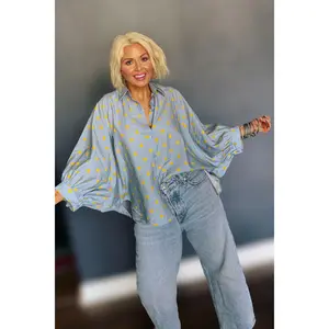 Freshly Picked Pale Blue Oversized Button-Down Polka Dot Blouse
