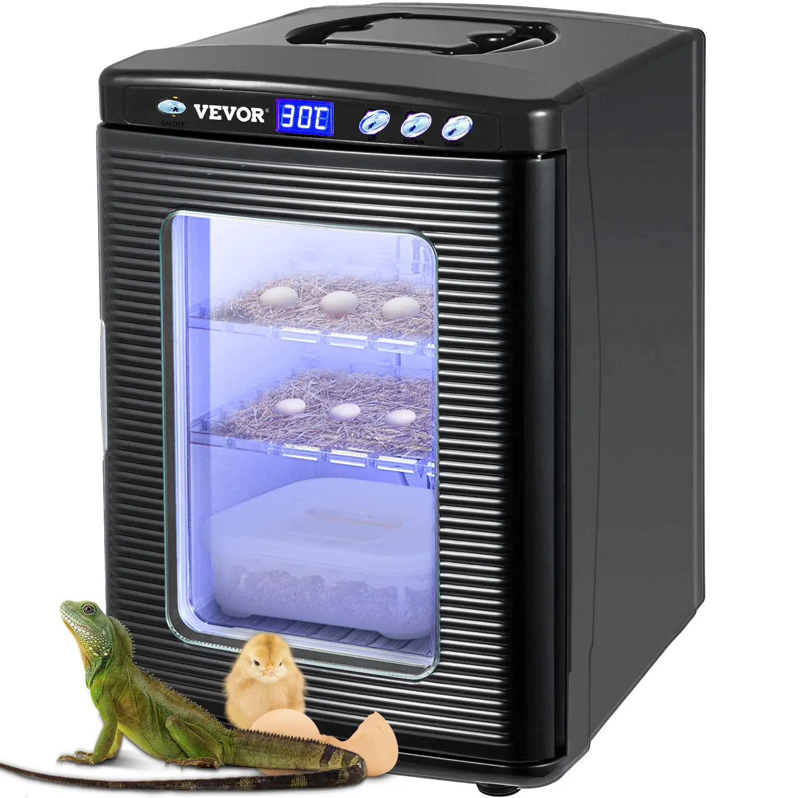 VEVOR 25L Black Egg Incubator & Hatcher, 5-42°C Temp Control, Bright LED Display Screen, Digital Monitoring, 110V AC/12V DC Heating for Turtles & Small Animals, Reptiles/Poultry, 10.4" X 10.2" X 14.2"