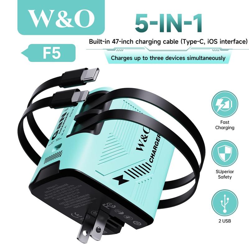 W&O 4-in-1 Portable GaN Fast Charger  Compatible with 120W Fast Chargeing with Retractable Cable USB-C & Lightning Usb Connector iphone 16 plus cases smart watch iphone 15 pro max earbuds portable charger chargers android phones power bank power bank