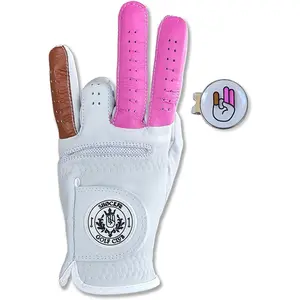 Valentine's Day Funny Golf Glove Ball Marker - Plus Hat Clip Shocker Cabretta Leather Adult Men's Golf Gloves Gag Gift Mens 2 Pink 1 Brown Finger