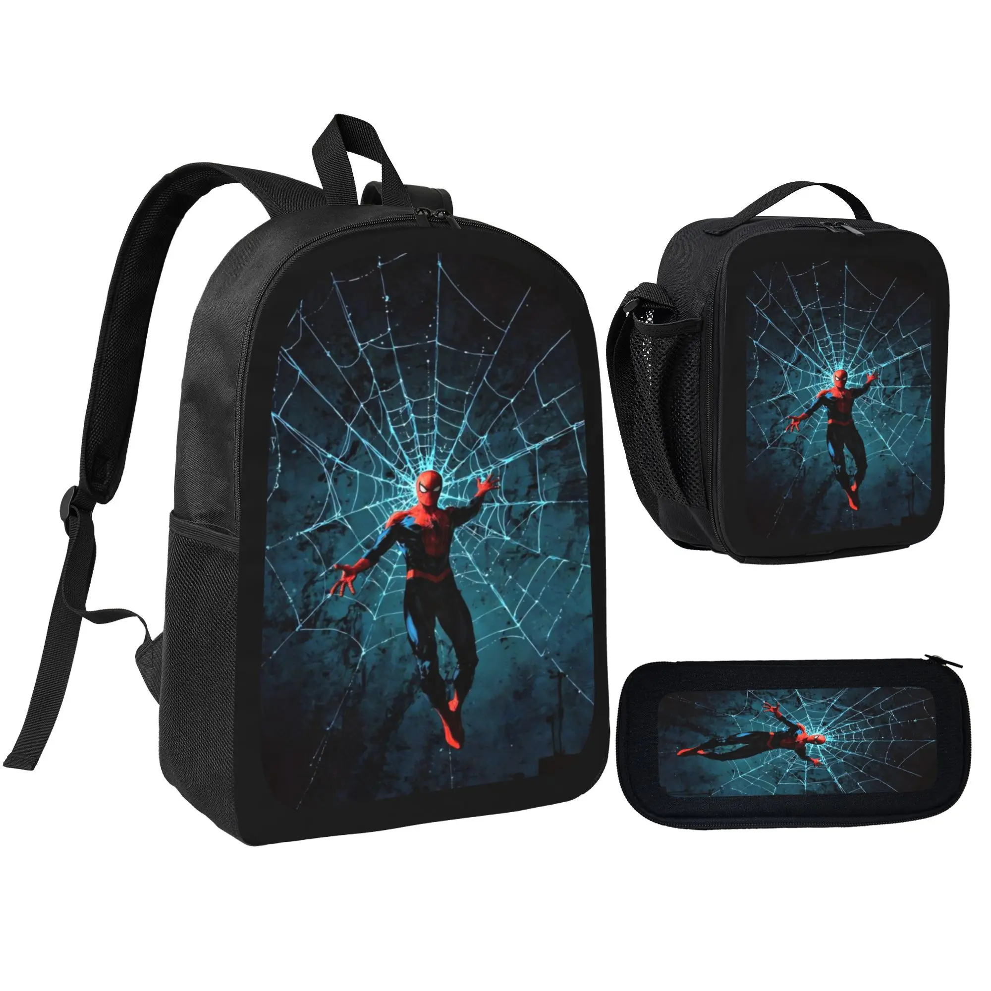 3Pcs Superhero Backpack Set for Boys Spider Web Bookbag with Insulated Lunch Box & Pencil Case