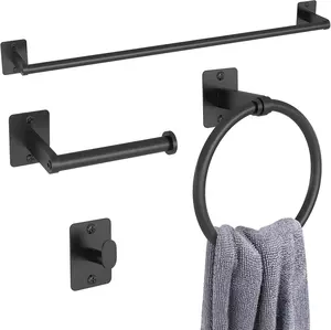 Matte black bathroom accessory set, four piece bathroom hardware set, 24 inch towel bar, bathroom towel rack, bathrobe towel hook, wall mounted toilet paper holder
