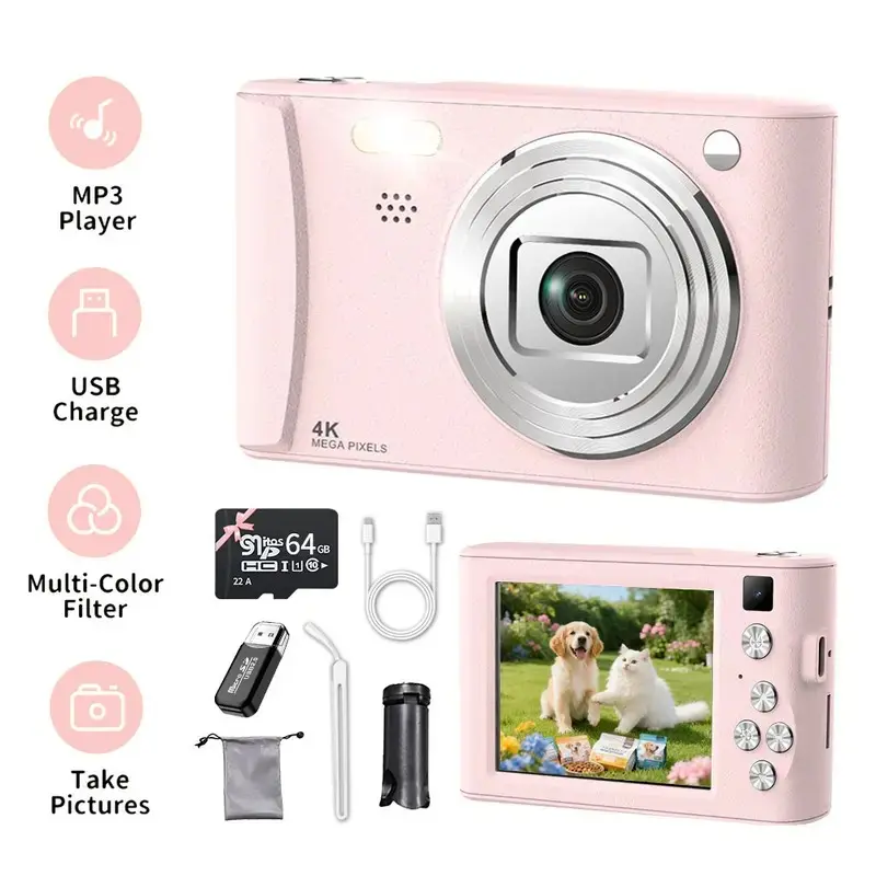 Retro Digital Compact Vlogging Camera - 2.4in LCD Screen, 800mAh Rechargeable Battery, 64GB SD Card, Webcam Mode, Video Camcorder for Novices, Father's Day Gifts,back to school,back to school haul