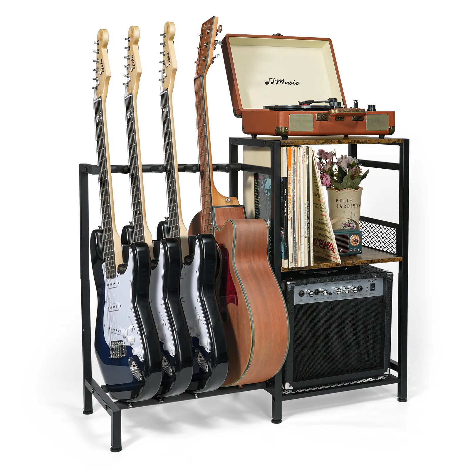 Multi-Guitar Floor Stand with Vinyl Record Storage Cabinet, 3-Tier Shelf for Acoustic/Electric Guitar, Bass & Guitar Case | 2 Installation Methods