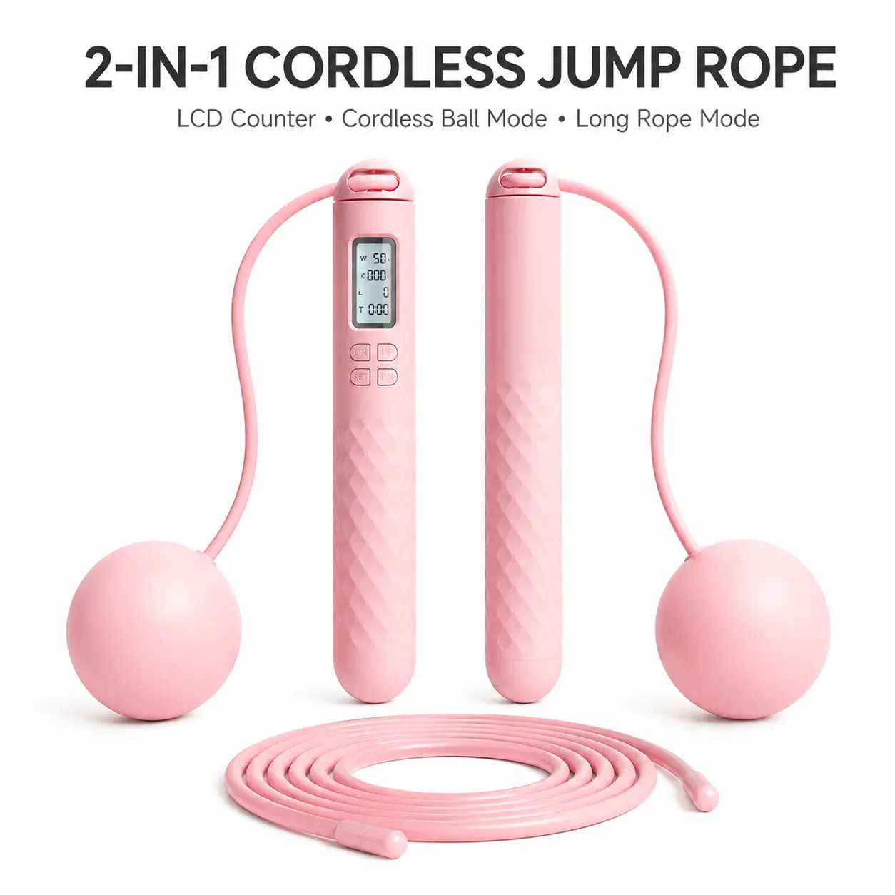 2-in-1 Smart Cordless Jump Rope with LCD Counter, Weighted Balls & Long Rope, Indoor Cardio Skipping Rope for Home Workout, Pink，Black