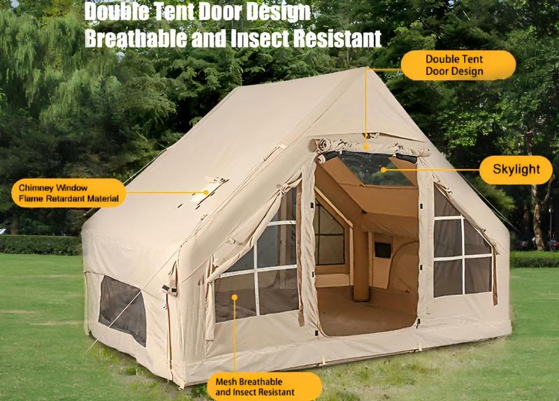 Portable Waterproof Pop-Up Tent 4 Season Oxford Log Cabin Inflatable Camping Tent with Hand Pump Waterproof Windproof for Outdoor Adventure