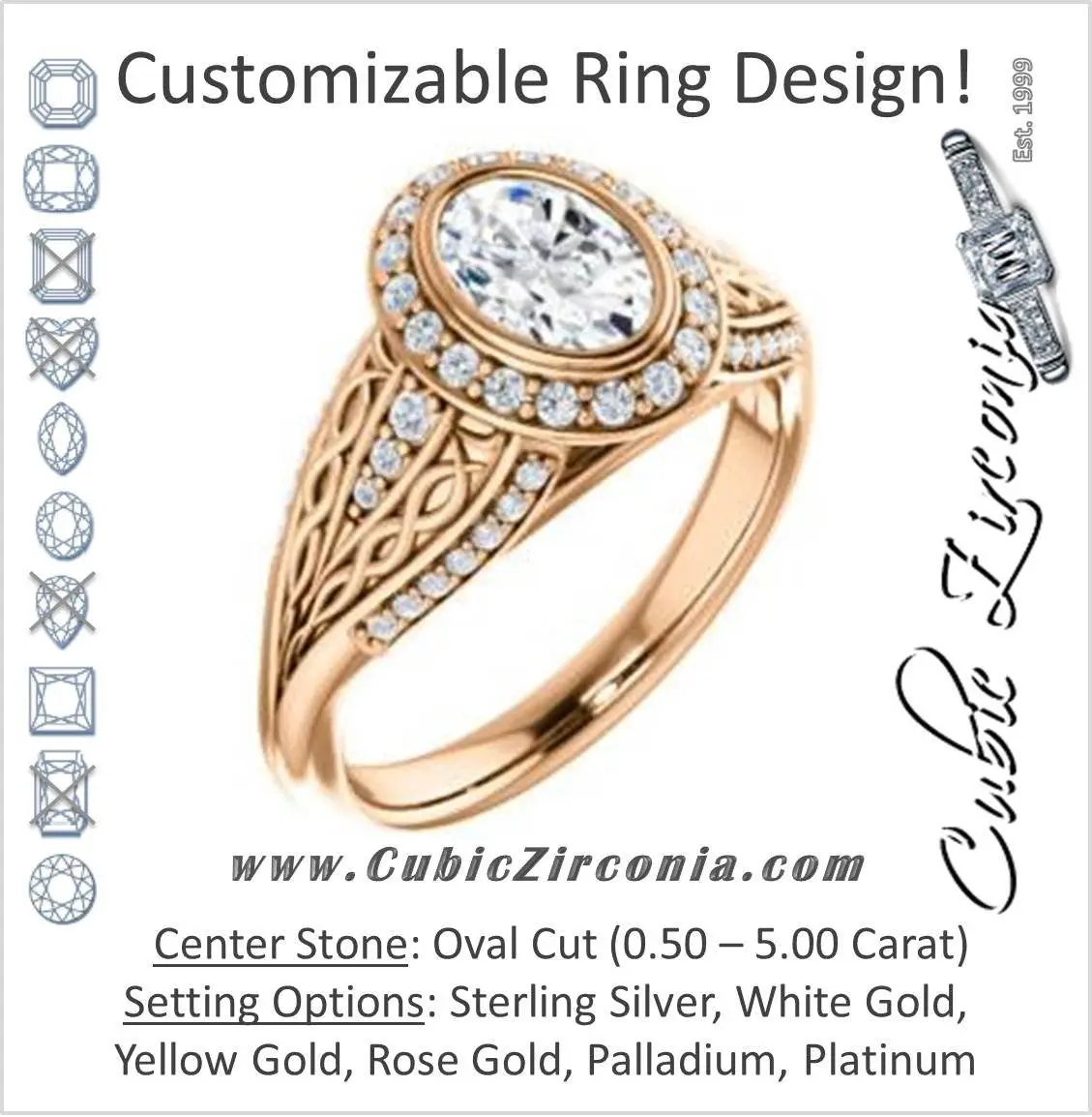 CZ Wedding Set, featuring The Tisha engagement ring (Customizable Bezel-Halo Oval Cut Design with Wide Filigree & Accent Band)