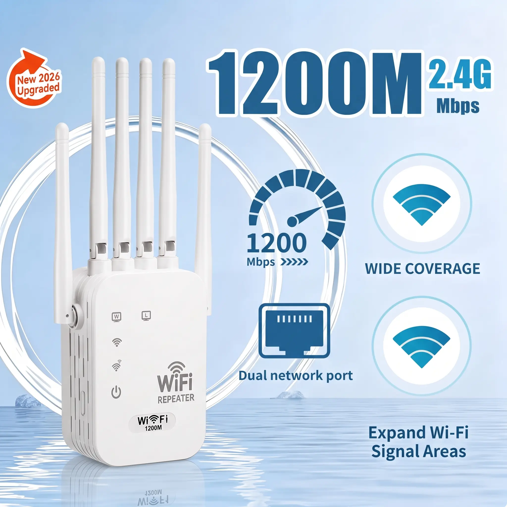 WiFi Range Extender 1200Mbps, Dual Band Signal Booster with 6 High-Gain Antennas, Expands Wireless Coverage, Internet Repeater for Home, Office, Basement, Bedroom, Supports Remote Work & Streaming