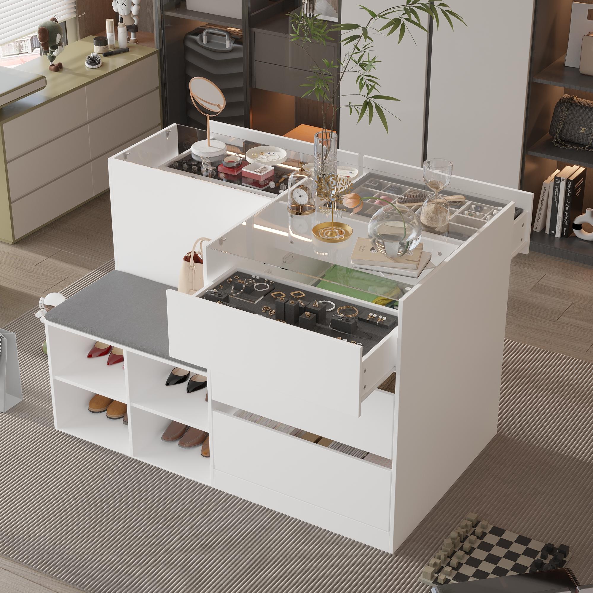 FUFU&GAGA Bedroom Island Wardrobe Closet Island with Glass Tabletop, 47.2”(W) x 23.6”(H) - Minimalist Design for Storage & Display