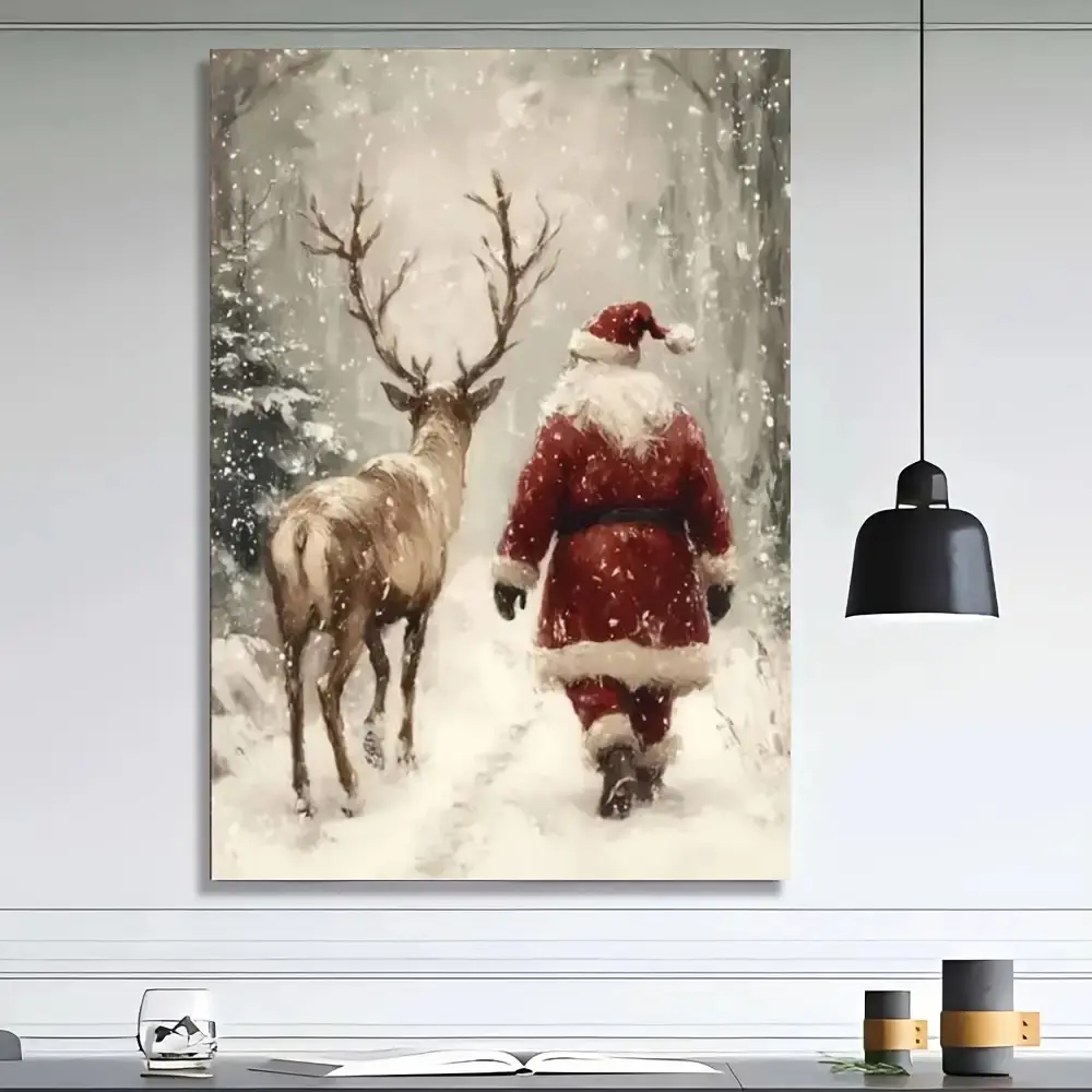 Eco-Friendly Art Deco Santa & Reindeer Wood-Framed Canvas Print, Multi-Size 8"x12"/16"x24"/24"x36", UV Resistant, Snowy Forest Decor, Easy Install Hardware Kit, Bedroom/Living Room Hanging Decor, Ideal Christmas Gift