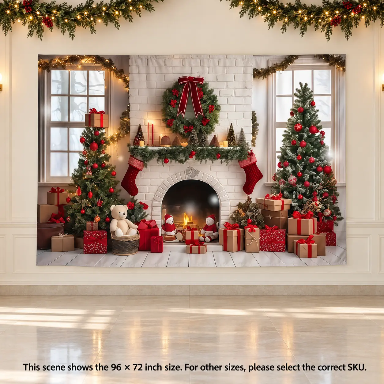 White Christmas Fireplace Backdrop with Wreath, Stockings and Teddy Bears - Polyester Holiday Photo Banner