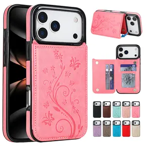 Card Holder Wallet Case Embossed Butterfly Pattern PU Leather Double Magnetic Buttons Flip Shockproof For iPhone 17 16 Pro Max 15 14 13 Pro Max