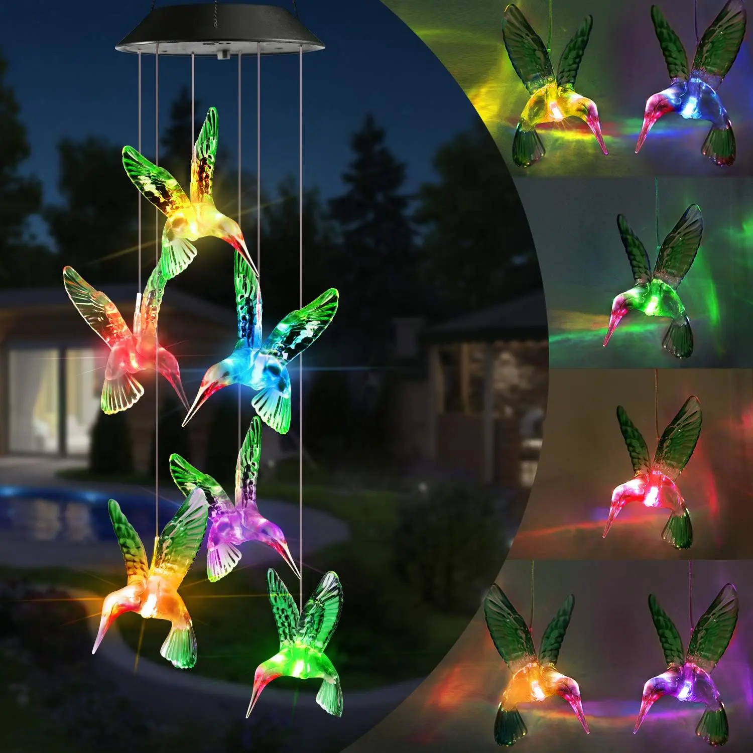 Solar-Powered Hummingbird & Butterfly Crystal Ball Wind Chime with Color-Changing LED Lights, Waterproof Home Decor Gift for Mom, Sister, Grandma, Ideal for Mother’s Day Garden/Patio Window Hanging