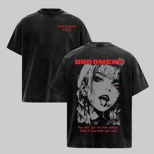 Bad Omens Burning Out Hoodie – Vintage Washed Heavy Cotton Oversize Unisex Rock Band Hoodie & T-Shirt, Anime Girl Face Graphic Top, Alternative Metal Tour 2025 Streetwear, Retro Music Fan Gift, Emo Grunge Aesthetic Merch