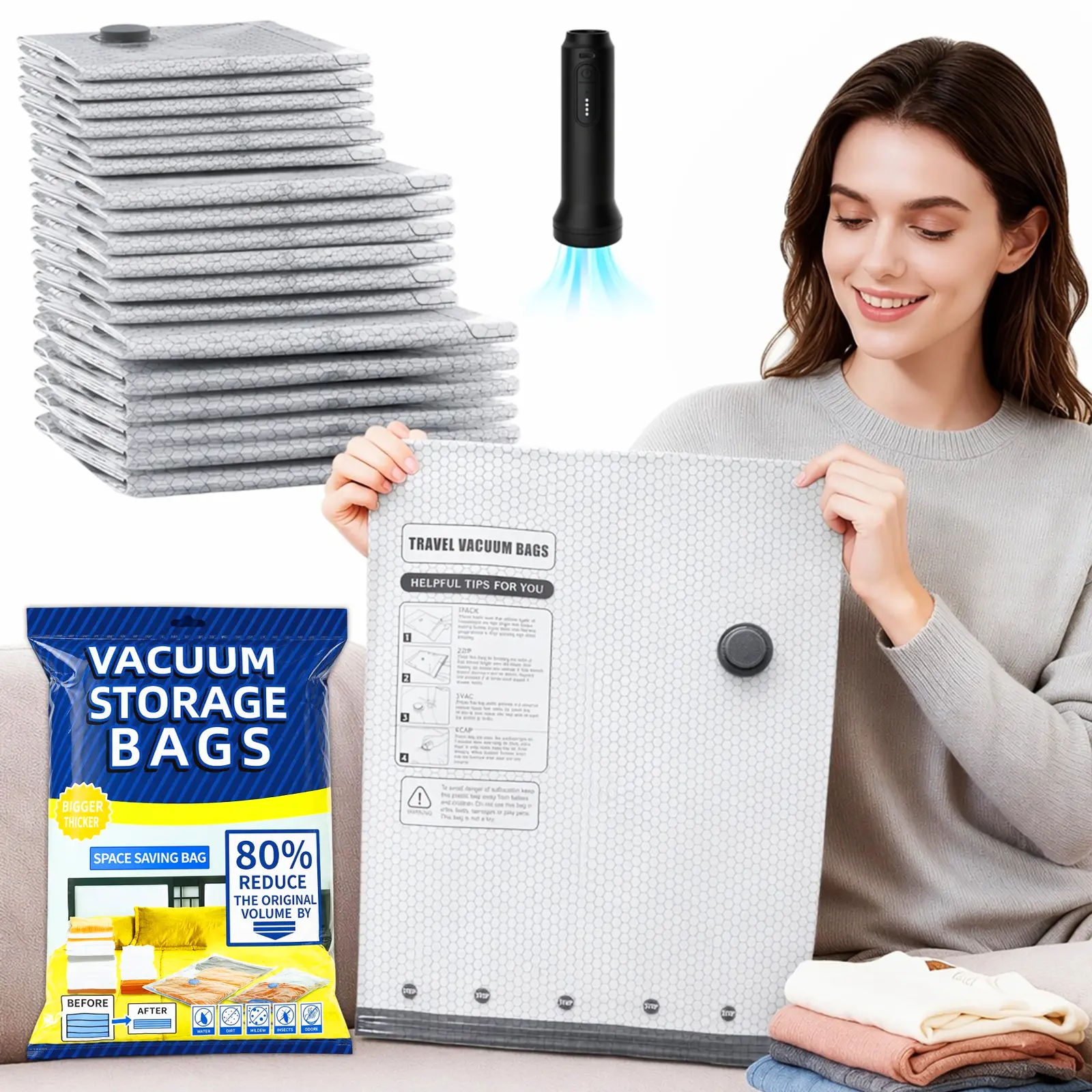 15 pcs Cordless Travel Vacuum Storage Compression Bag Set with USB Rechargeable Handheld Air Pump, Waterproof Reusable Space Saving Organizer Bags for Clothes Luggage Packing