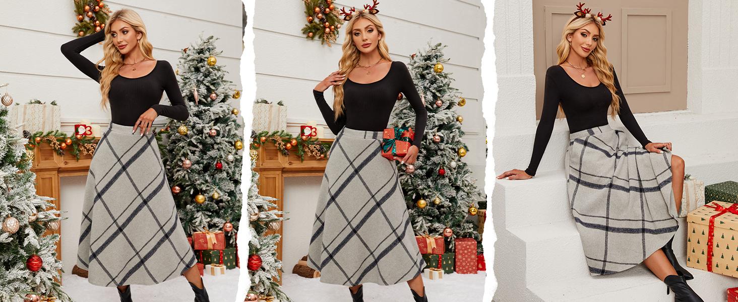 Kingapril Women's Winter Cozy Wool Elastic Waist A-Line Pleated Long Style Plaid Skirt