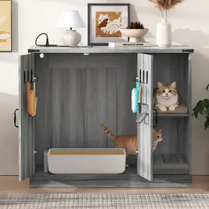 Cat Litter Box Cabinet with Power Outlet Modern Furniture for Large Automatic Box Hidden Enclosure with Litter Catcher Adjustable Shelves Gray