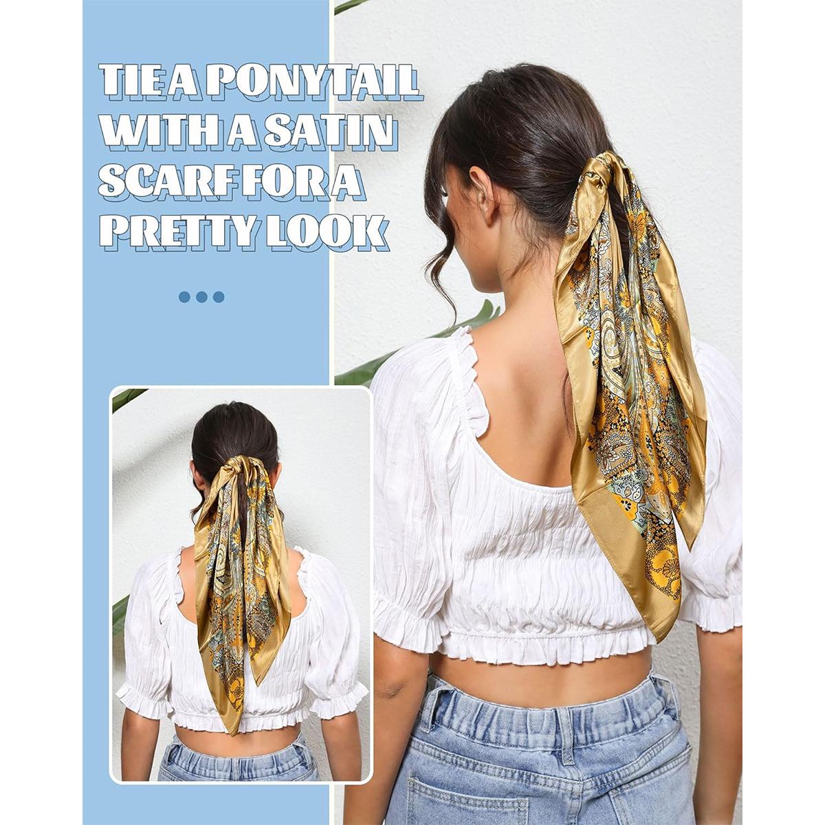 3-piece suit 35 Inches Large Printed Silk Like Texture Square Head Scarf Neck Scarves for Women Hair Kerchief Bandanas Scarf Sleeping Head Wraps Hair Band Headscarf Female Hair Accessories