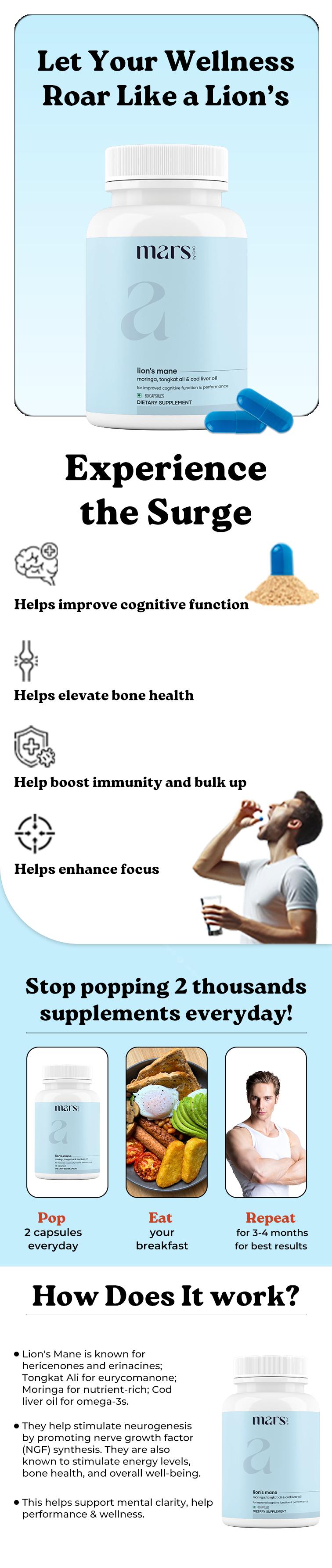 Mars Pure Lion's Mane Caps: Powered with Moringa & Cod Liver Oil (60 N) | Healthcare | Dietary Supplement