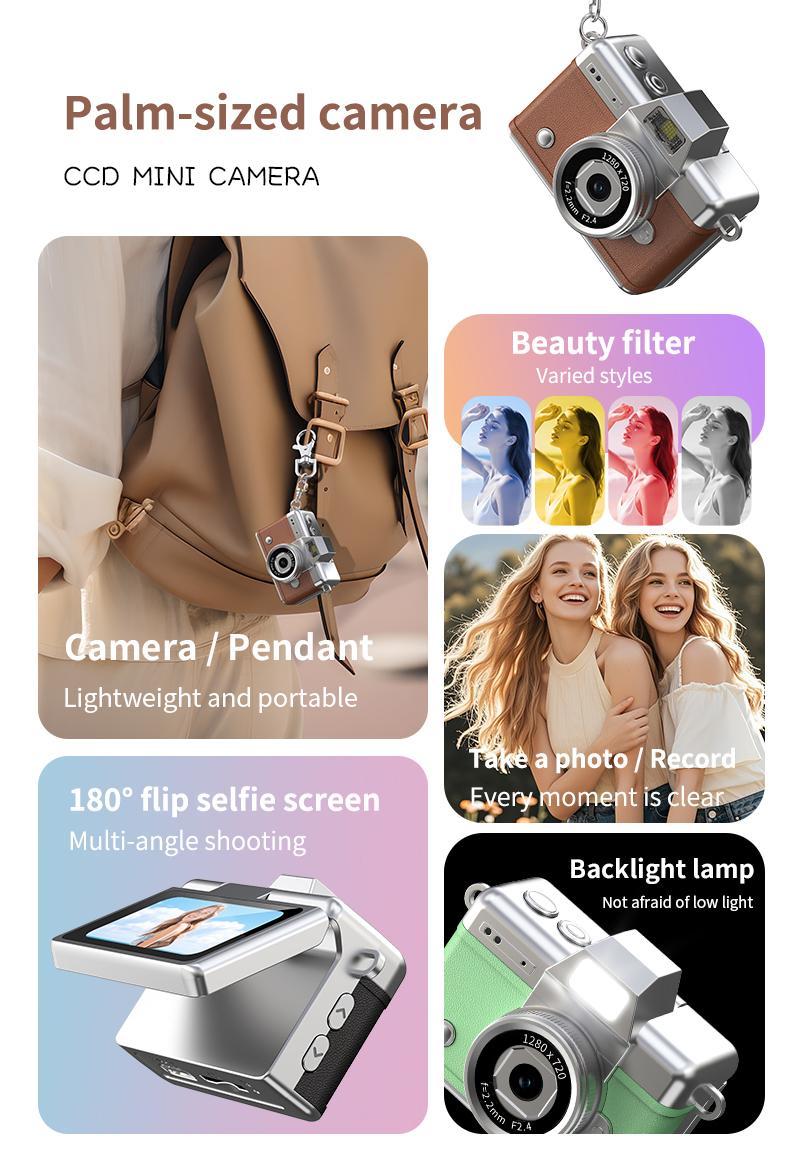 Mini Keychain Digital Camera – Pocket-Size Camera 1080P HD with 1MP Lens, Flash & 0.96" Screen, 32G Card & Charging Cable Included, Retro Vlog Camera for Travel, Concerts, Kids & Instant Party, Sparkling Rose Gold