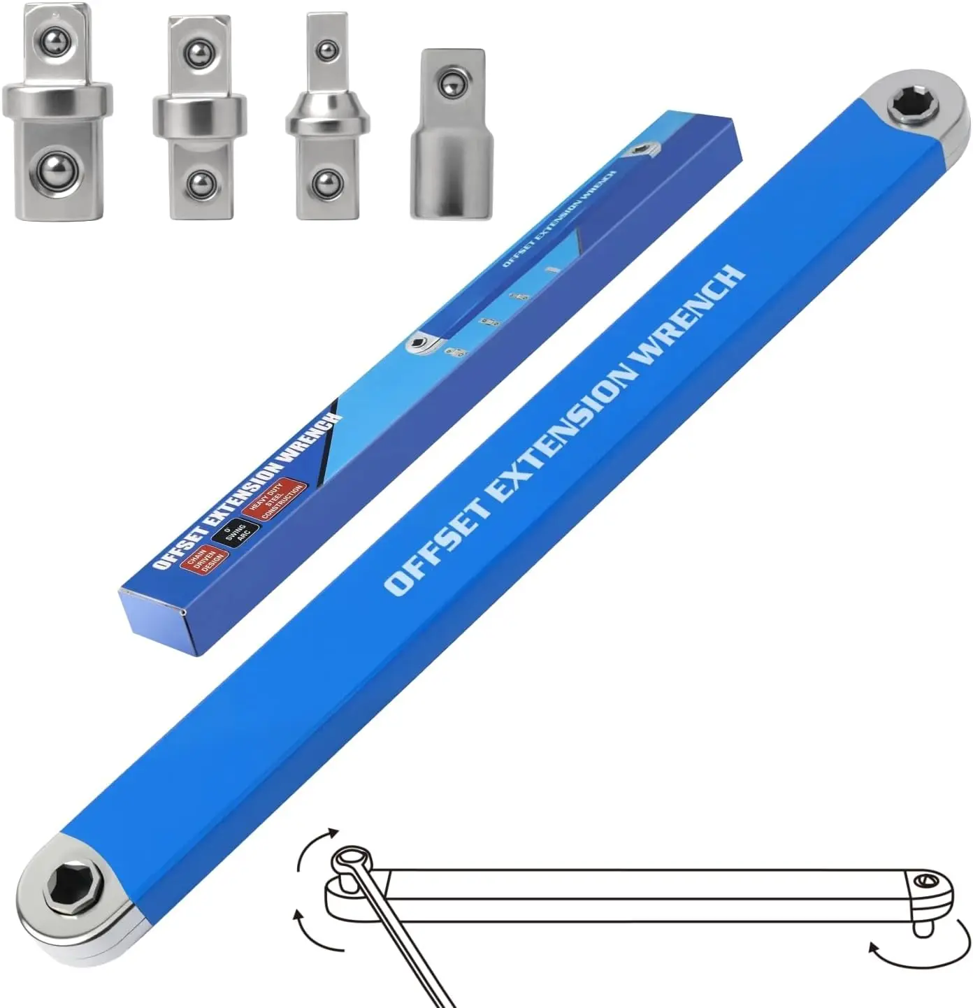Offset Extension Wrench Set, Corrosion-Resistant 0-Degree Ratchet Extender Tool Impact Ready with 4 Drive Adapters (1/2", 1/4", 3/8"), 1/4 Inch Socket for Auto Repair & Home DIY Projects (Blue)