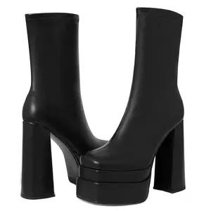 Platform GoGo Boots for Women Chunky High Heels Knee High Stretch Boots in Black Leather Stylish Comfortable All Day Wear