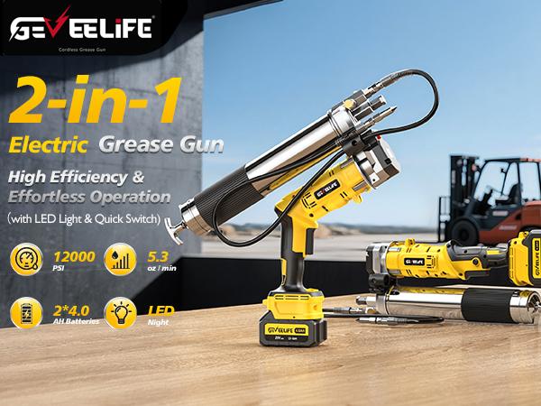 GEVEELIFE Aluminum Electric Grease Gun - 10,000 PSI, 2×2000mAh Cells, Fast Charger, 90° Swivel Coupler, Works with Bulk/Cartridges Grease for Farm, Truck, Fathers Day Gift, Led Lights, Batteries, 90° Swivel Reach,toolupgrade