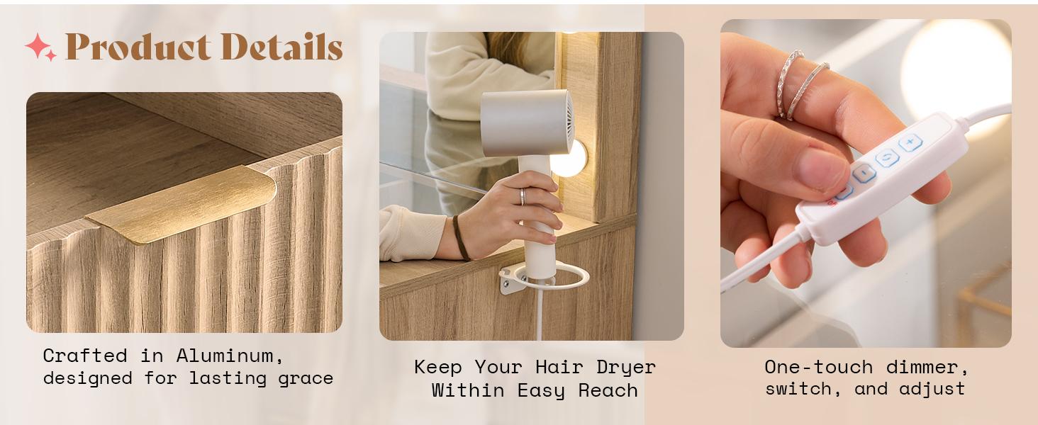 AMERLIFE 36.2/47.2" Fluted Vanity Desk with Mirror and Adjustable LED Lights, Large 4/7 Drawers Makeup Table with Glass Top and Charging Station for Women and Girls,,Best Gift Ideas/Christmas Gifts