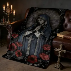 Dark Aesthetic Virgin Mary with Red Poppies & Cross Flannel Blanket Soft Cozy Plush Throw Perfect Gothic Religious Gift for Catholics & Dark Academia Lovers Warm Snuggle Blanket for Bedroom Prayer Space Moody Sacred Art Design
