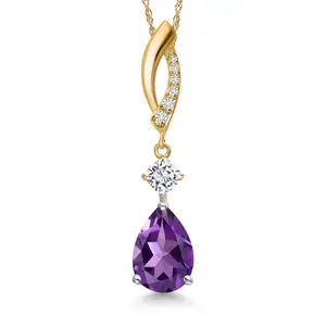 Gem Stone King 925 Silver and 10K Yellow Gold Purple Amethyst and White Moissanite and Lab Grown Diamond Pendant Necklace for Women | 2.00 Cttw | Gemstone February Birthstone | Pear Shape 10X7MM | With 18 Inch Chain
