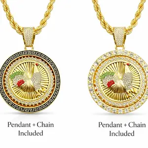 14K GP Rooster Coin Huge Pendant 3.5" CZ Spinner Gold/Black with Rope Chain 24" 8mm Fashion Rotatable Pendant Chain Unisex Men Jewelry for All Occasions