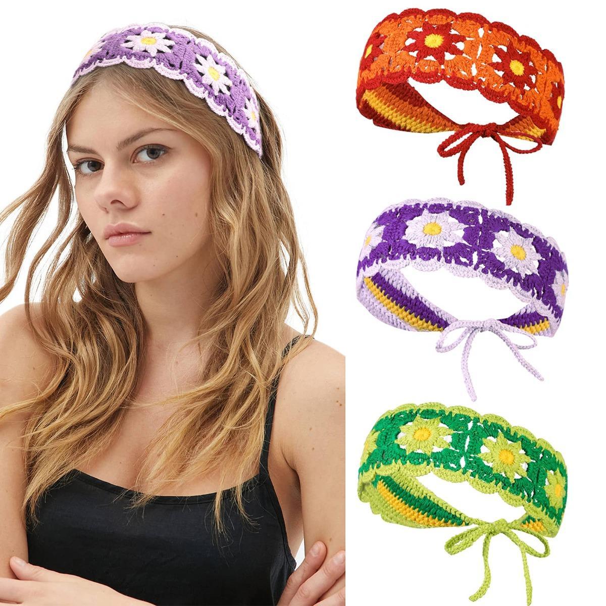 AWAYTR 3Pcs/Set Hippie Hair Bandanas Headbands for Women Boho Headband Knit Hair Bands Floral Head Wrap for Girls AWAYTR 3Pcs/Set Hippie Hair Bandanas Headbands for Women Boho Headband Knit Hair Bands Floral Head Wrap for Girls