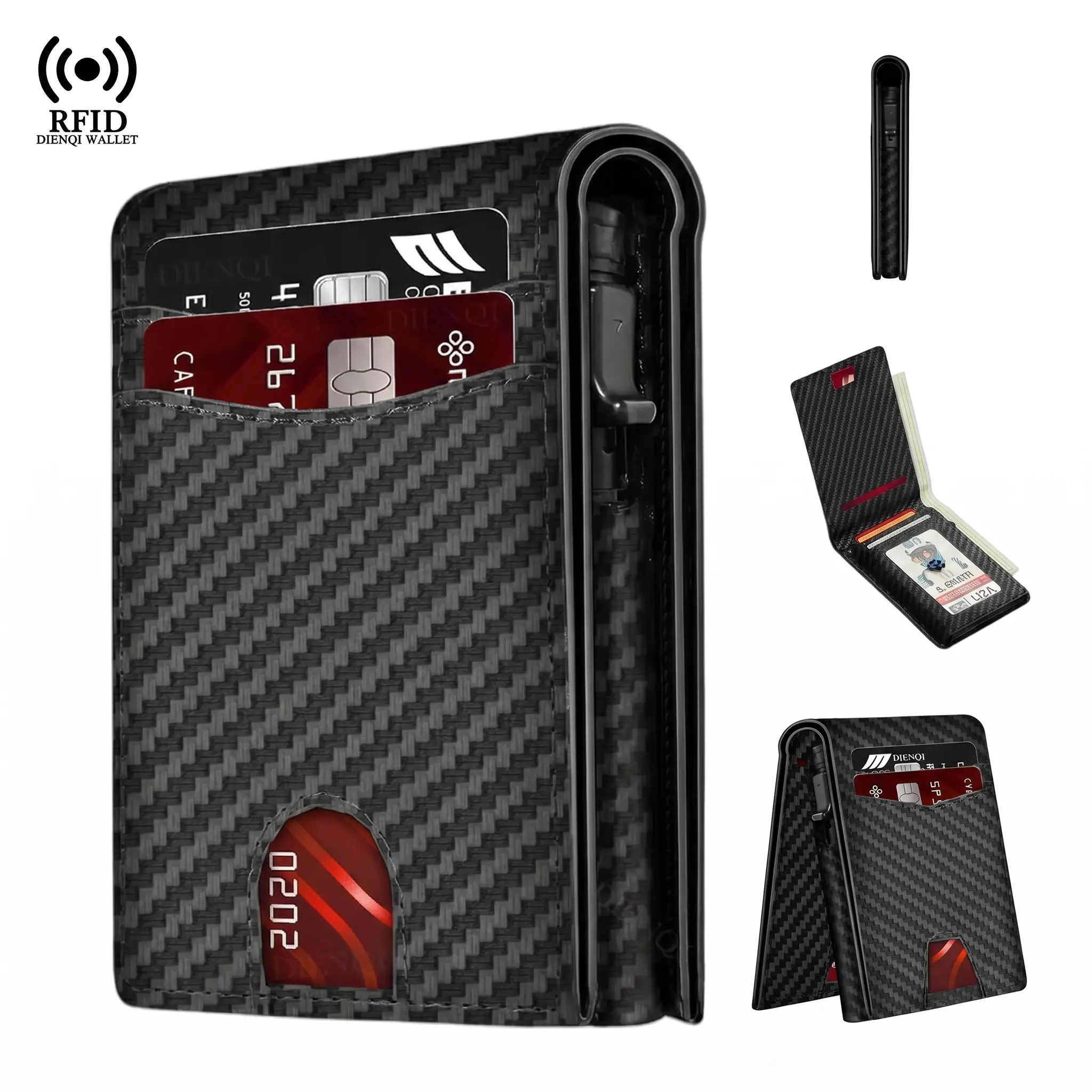 Slim Bifold Wallet for Men (8-10 Cards), Leather & Aluminum Pop Up Credit Card Organizer with RFID Blocking, ID Window & Magnetic Closure, Fathers Day, Rfid Shielding Guards Card Data