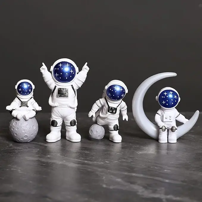 4pcs Smooth Blue & White Resin Astronaut Statues Set - Spaceman Figurines, Cosmic Decor Gift for Nursery, Desk Birthday Cake Topper