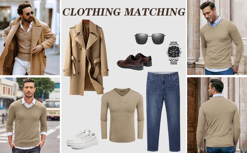 COOFANDY Fall Outfits 2-Pack Knitted Ribbed V-neck Casual Jumper Knitwear Classic Fabric Fashion Menswear Shirt Soft Sweater Office（runs small ）