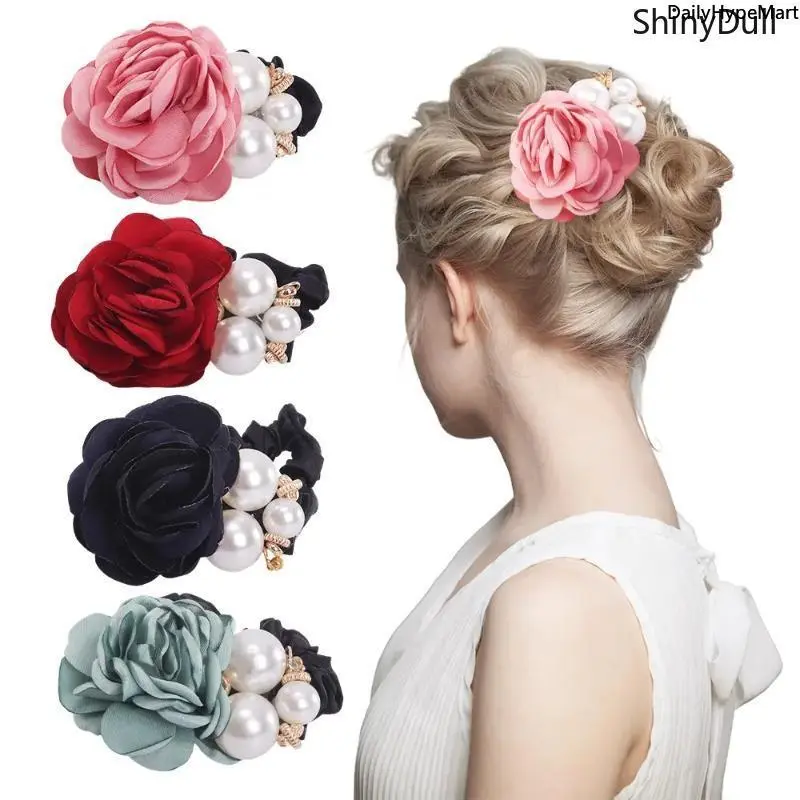Glamorous Floral Hair Ties for Women, 4-Pack Korean Style Fabric Scrunchies with Pearl & Rhinestone for Wedding, Engagement & Anniversary, Bulk Hair Ties, Funky, Romantic, Memorial Day, Hairbands, Everyday, Unisex, Pearl Accents