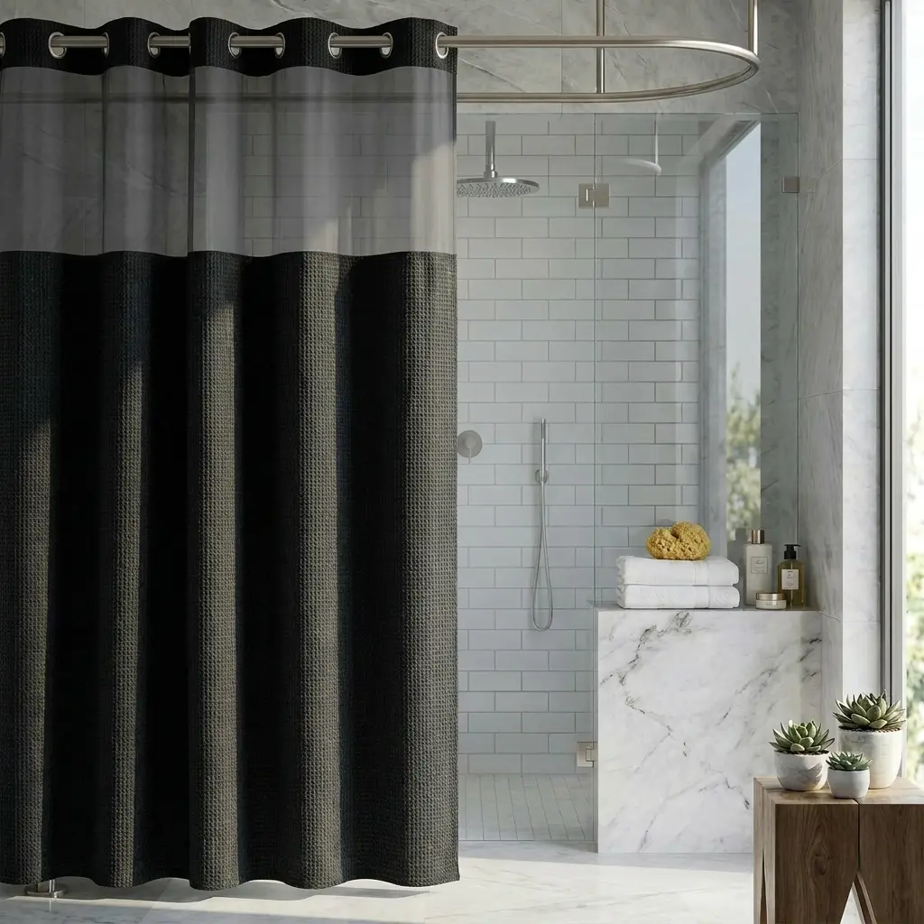 72"x75" Black Straight Waffle Weave Hookless Double Layer Hotel Shower Curtain Set, Snap-in Fabric Liner, Sheer Window, Anti-Slip Waterproof, for Modern Bathrooms, Shower Curtains, Anti-Slip Waterproof Shower Curtains
