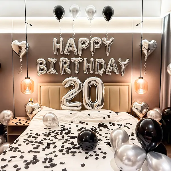 1050pcs Thickened Black & Silver Glamorous Decoration Set - 200 Black Latex Balloons, 21 Silver Balloons, Banner, Shiny Heart-Shaped Aluminum Foil Pieces, Rose Petals for Birthday, Anniversary Party Supplies