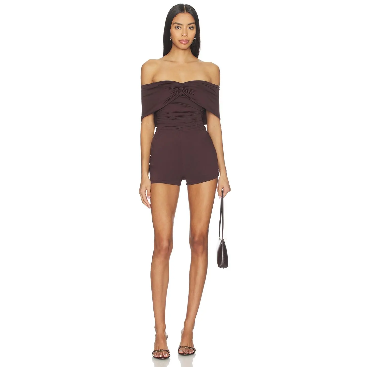 superdown Cher Off Shoulder Romper in Brown