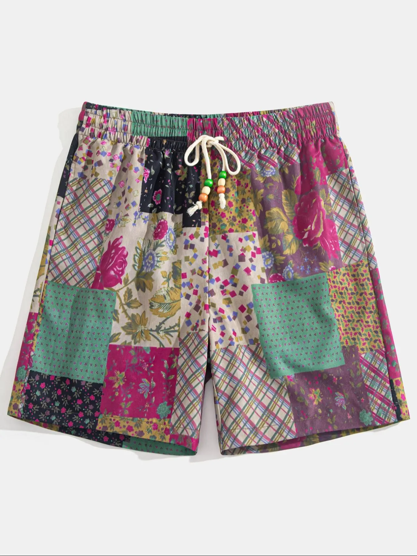 Men's Patchwork Print Shorts, Casual Streetwear Shorts, Street Style Shorts, Casual Comfy Loose Fit Drawstring Waist Shorts for Summer, Men's Bottoms for Beach Vacation, Beach Shorts Clothes, Drawstring Waisted Shorts