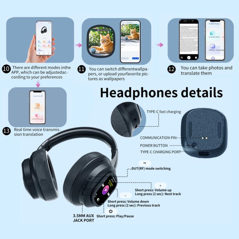 HYUNDAI X1 Pro Wireless Bluetooth 6.0 Headphones Supports 169-Language Translation with Detachable Full-Color LCD Touch Screen, Customizable Screen Wallpaper, Audio Headset for Music & Phone Calls