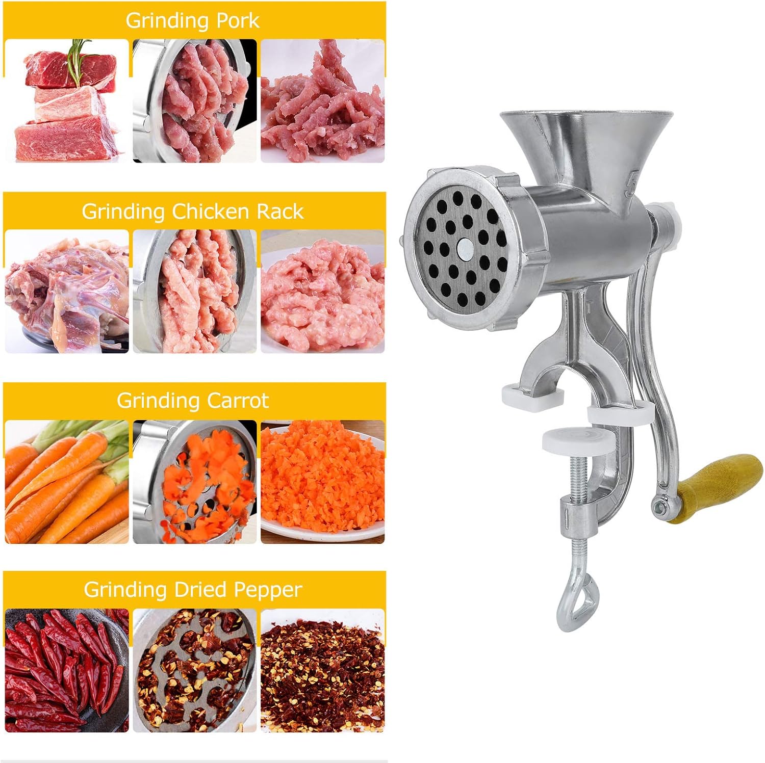 Manual Meat Grinder, Heavy Duty Aluminum Alloy Hand Meat Grinder with Table Clamp, Meat Mincer Sausage Maker for Beef Pepper Mushroom